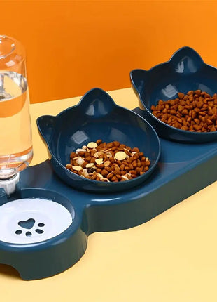 Pet Bowls With Water Feeder, 3 In 1 Ear Design Tilted Cat Water And Food Bowl Set With Gravity Water Bottle For Neck Protection