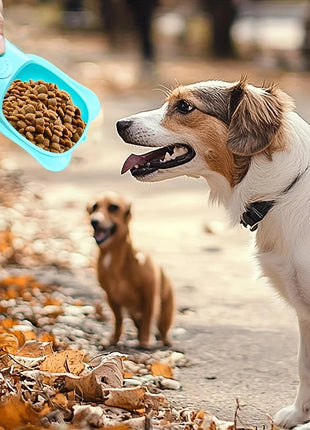 Portable Pet Water Bottle with Food Container - Ideal for Walking, Hiking & Travel. Essential for Dogs & Cats On The Go! www.AmBreak.com