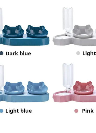 Pet Bowls With Water Feeder, 3 In 1 Ear Design Tilted Cat Water And Food Bowl Set With Gravity Water Bottle For Neck Protection