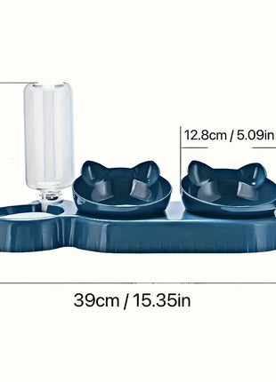 Pet Bowls With Water Feeder, 3 In 1 Ear Design Tilted Cat Water And Food Bowl Set With Gravity Water Bottle For Neck Protection