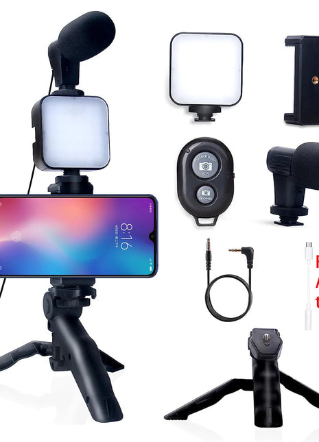 Smartphone Vlogging Kit for iPhone Android with Tripod Mini Microphone Starter Vlog kit for TikTok Live Stream Video YouTube