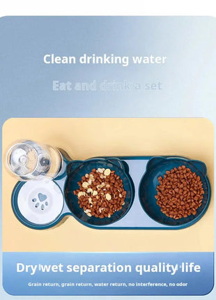 Pet Bowls With Water Feeder, 3 In 1 Ear Design Tilted Cat Water And Food Bowl Set With Gravity Water Bottle For Neck Protection