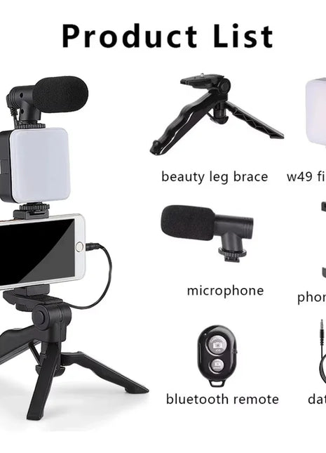 Smartphone Vlogging Kit Tripod Phone Holder Mini Microphone LED Fill Light Stabilizer Stand for YouTube Live Stream Short Video