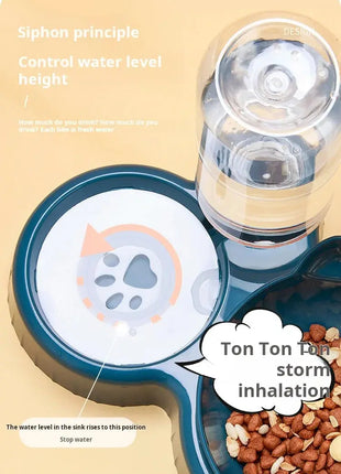 Pet Bowls With Water Feeder, 3 In 1 Ear Design Tilted Cat Water And Food Bowl Set With Gravity Water Bottle For Neck Protection