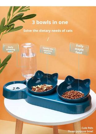 Pet Bowls With Water Feeder, 3 In 1 Ear Design Tilted Cat Water And Food Bowl Set With Gravity Water Bottle For Neck Protection