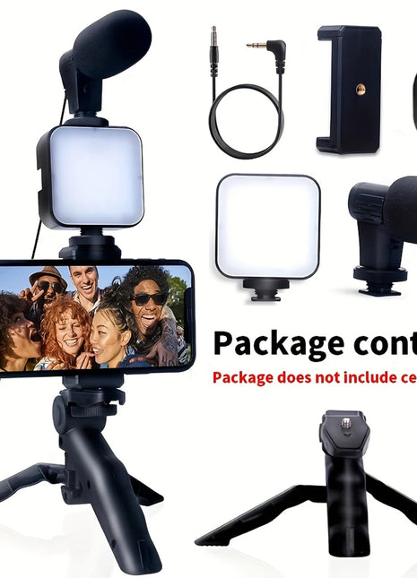 Smartphone Vlogging Kit Tripod Phone Holder Mini Microphone LED Fill Light Stabilizer Stand for YouTube Live Stream Short Video