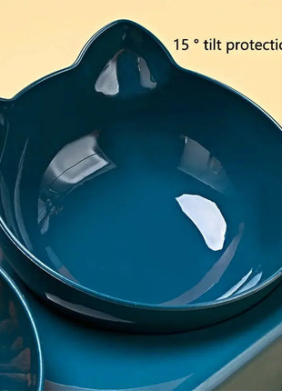 Pet Bowls With Water Feeder, 3 In 1 Ear Design Tilted Cat Water And Food Bowl Set With Gravity Water Bottle For Neck Protection