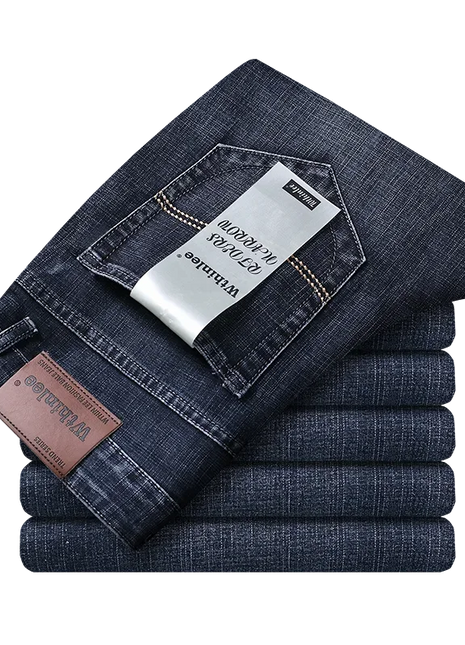 Wthinlee New Business Men's Jeans fleece Casual Straight Stretch Fashion Classic Blue Black Work Denim Trousers Male  Clothing www.AmBreak.com