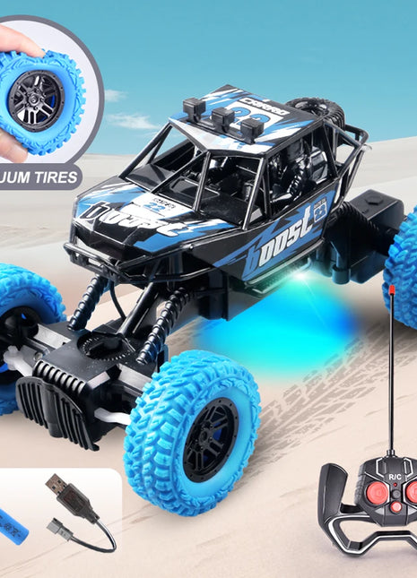 Remote control car with colorful flashing lights, rubber wheels, off-road toy car suitable for Christmas children's gifts