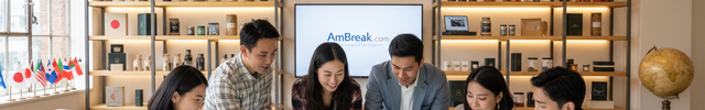 Create image for AmBreak.com company Profile to reflect the following message "Our team consists of a group of young enthusiastic trend watchers and trendsetters. We travel all over the world looking for the best and most beautiful products for you. We carefully put together our offer and look for the best parties to be able to deliver the items to your home."