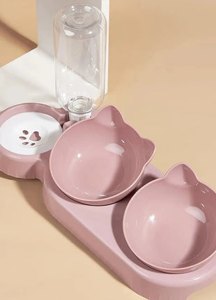 Pet Bowls With Water Feeder, 3 In 1 Ear Design Tilted Cat Water And Food Bowl Set With Gravity Water Bottle For Neck Protection - www.AmBreak.com - 