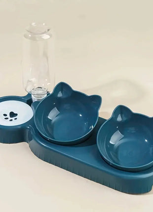 Pet Bowls With Water Feeder, 3 In 1 Ear Design Tilted Cat Water And Food Bowl Set With Gravity Water Bottle For Neck Protection - www.AmBreak.com - 
