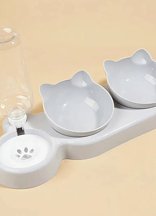 Pet Bowls With Water Feeder, 3 In 1 Ear Design Tilted Cat Water And Food Bowl Set With Gravity Water Bottle For Neck Protection - www.AmBreak.com - 