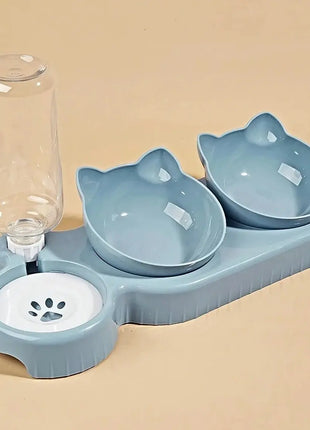 Pet Bowls With Water Feeder, 3 In 1 Ear Design Tilted Cat Water And Food Bowl Set With Gravity Water Bottle For Neck Protection - www.AmBreak.com - 