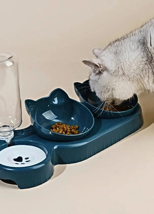 Pet Bowls With Water Feeder, 3 In 1 Ear Design Tilted Cat Water And Food Bowl Set With Gravity Water Bottle For Neck Protection - www.AmBreak.com - 