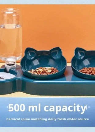 Pet Bowls With Water Feeder, 3 In 1 Ear Design Tilted Cat Water And Food Bowl Set With Gravity Water Bottle For Neck Protection - www.AmBreak.com - 
