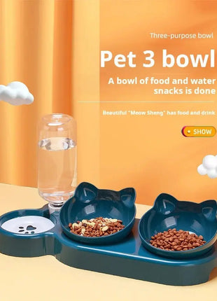 Pet Bowls With Water Feeder, 3 In 1 Ear Design Tilted Cat Water And Food Bowl Set With Gravity Water Bottle For Neck Protection - www.AmBreak.com - 