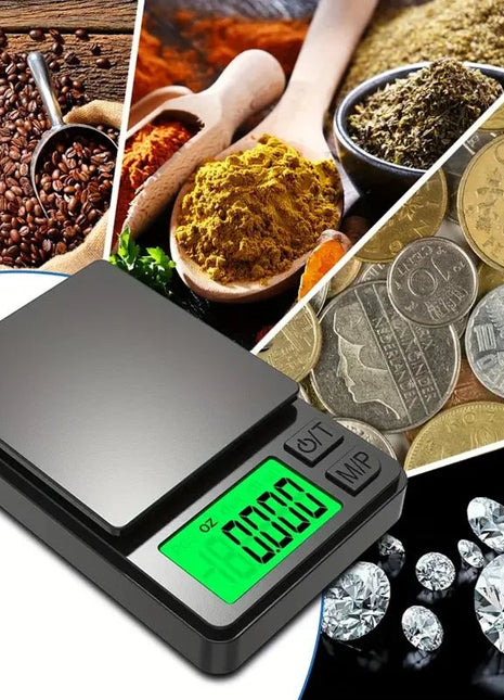 Precision Pocket Scale 1000g X 0.1g - Digital Gram, Food, Jewelry, Ounces/Grains Scale with Backlit LCD - Mini Scale for Travel - www.AmBreak.com - 