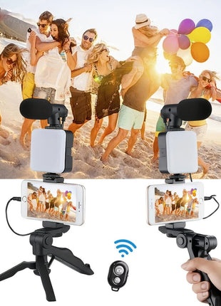 Smartphone Vlogging Kit Tripod Phone Holder Mini Microphone LED Fill Light Stabilizer Stand for YouTube Live Stream Short Video - www.AmBreak.com - 