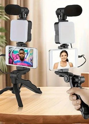 Smartphone Vlogging Kit Tripod Phone Holder Mini Microphone LED Fill Light Stabilizer Stand for YouTube Live Stream Short Video - www.AmBreak.com - 