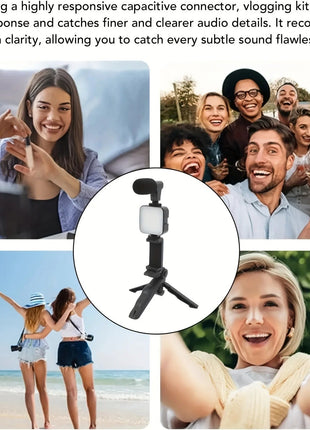 Smartphone Vlogging Kit Tripod Phone Holder Mini Microphone LED Fill Light Stabilizer Stand for YouTube Live Stream Short Video - www.AmBreak.com - 